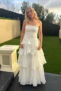 Ruched White Pleated Chiffon A-line Straight Strapless Zipper Back Long Prom Dress