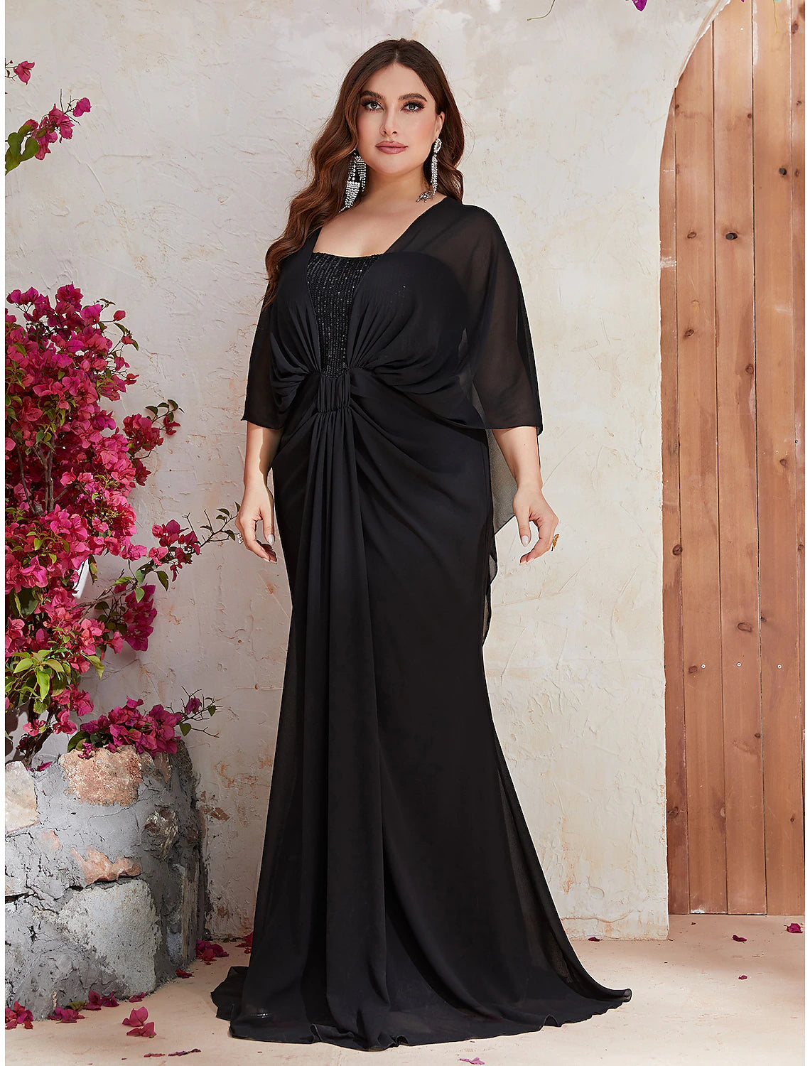 Vestidos de novia de sirena/trompeta para invitada de boda, vestido de talla grande, vestido formal de fiesta de noche, cola larga/cepillo, manga larga, cuello en V, poliéster con chal de lentejuelas