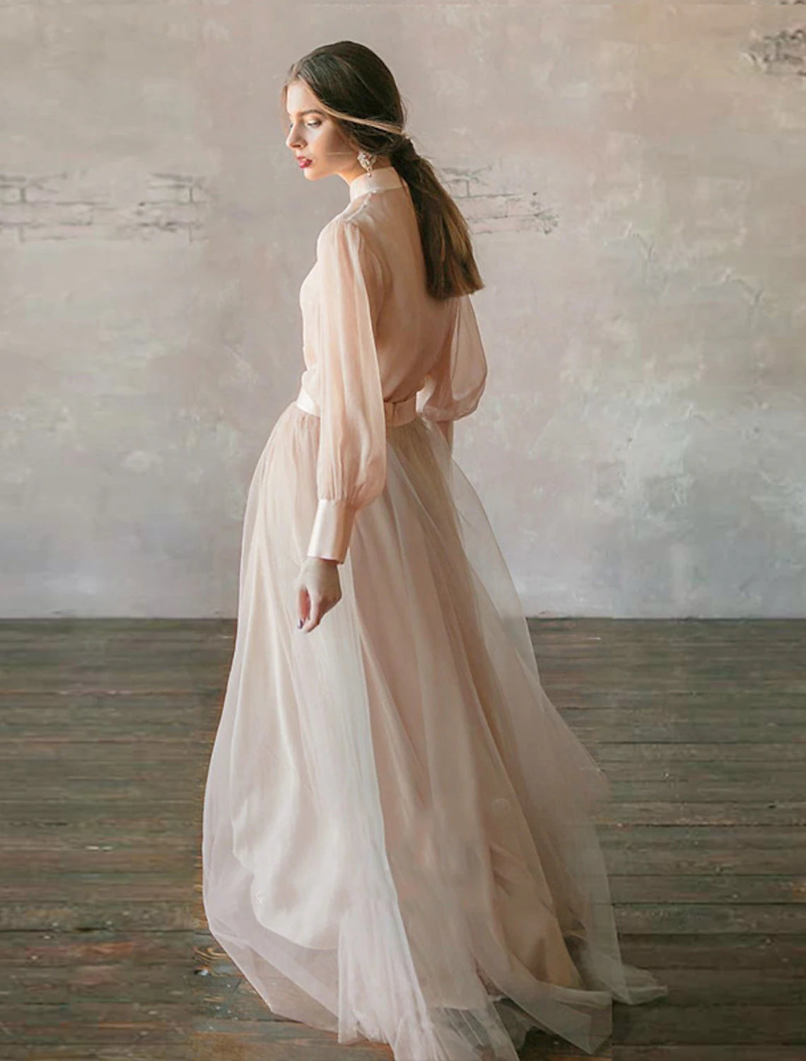 Minimalist Two Piece Wedding Guest Dress Stand Collar Long Sleeve Floor Length Chiffon Party Dress
