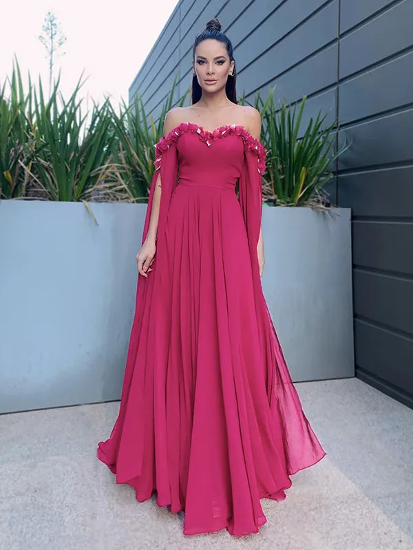 Chic Fuchsia Chiffon A-Line Off Shoulder Cape Sleeve Prom Dress