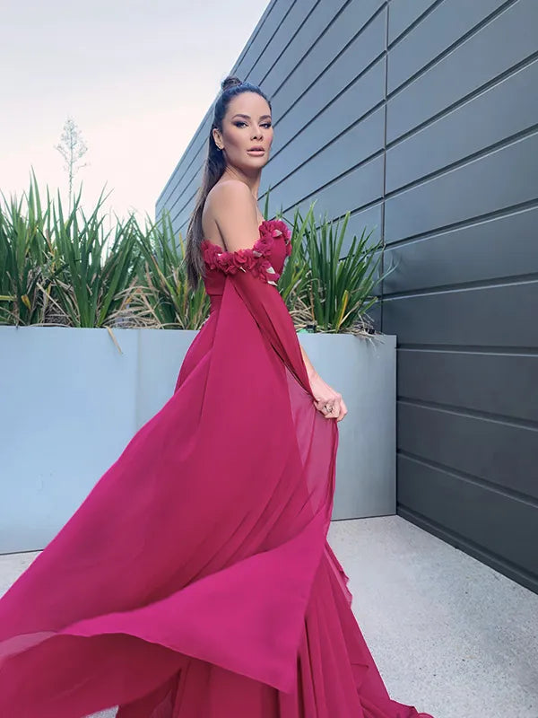 Chic Fuchsia Chiffon A-Line Off Shoulder Cape Sleeve Prom Dress