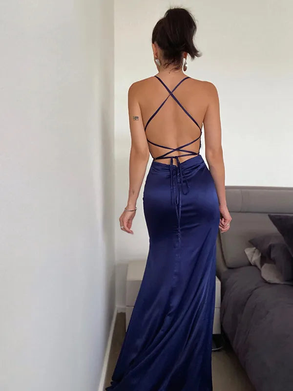 Chic Royal Blue Satin Mermaid Cowl Neck Strap Lace Back Prom Dress