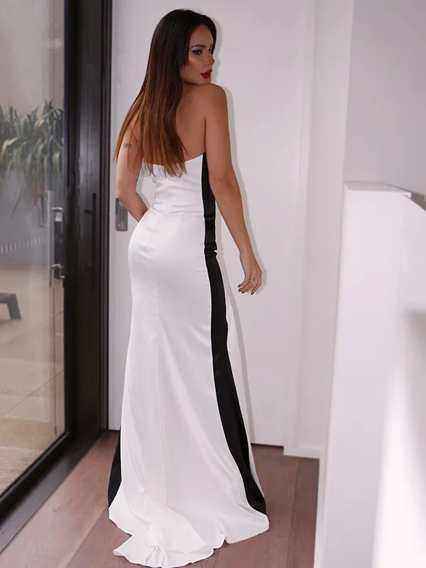 Glam White Satin Mermaid Strapless Neck Sleeveless Open Back Slit Prom Dress