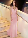 Soft Blush Satin Mermaid V Neck Halter Lace Back Long Prom Dress