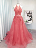 Coral Tulle A Line Halter Illusion Neck Lace Applique Lace Up Train Prom Dress