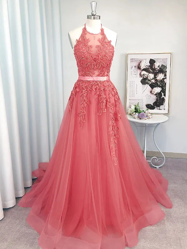 Coral Tulle A Line Halter Illusion Neck Lace Applique Lace Up Train Prom Dress