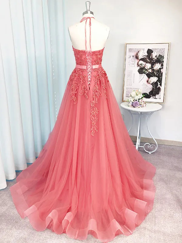 Coral Tulle A Line Halter Illusion Neck Lace Applique Lace Up Train Prom Dress