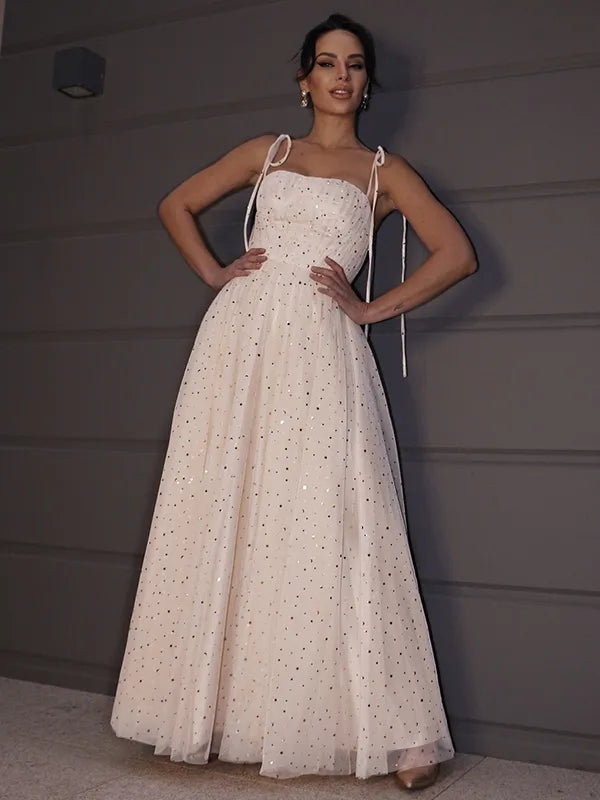 Romantic Pink Tulle Star Square Neck Tie Strap Open Back Long Prom Dress