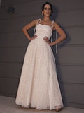 Romantic Pink Tulle Star Square Neck Tie Strap Open Back Long Prom Dress