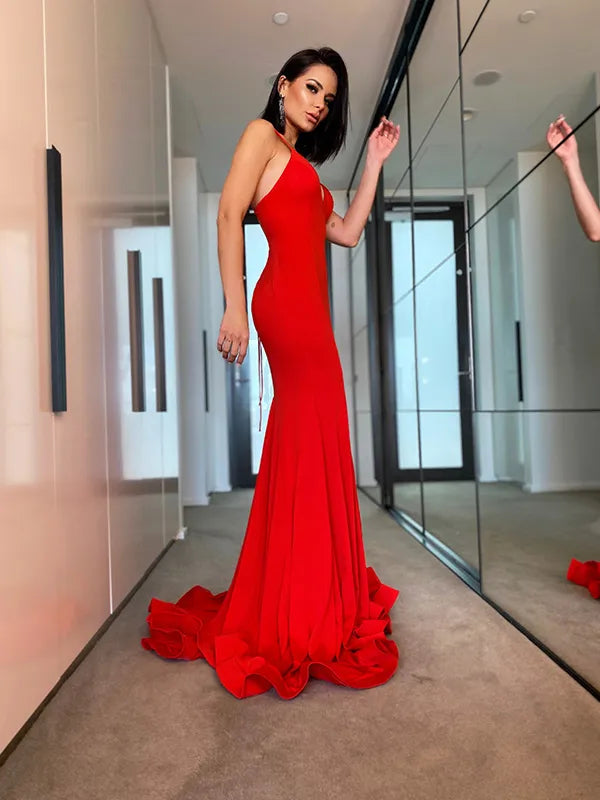 Bright Red Jersey Mermaid V Neck Spaghetti Strap Lace Up Back Train Prom Dress