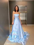 Dreamy Light Blue Satin A Line Strapless Open Back 3D Floral Train Prom Dress