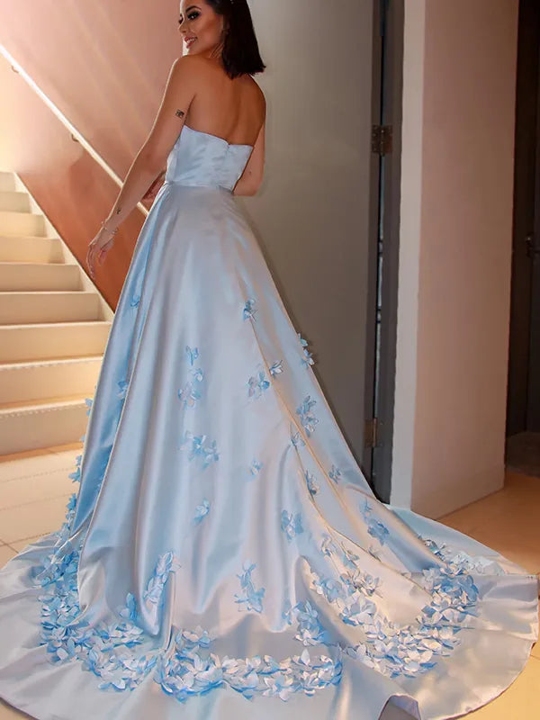 Dreamy Light Blue Satin A Line Strapless Open Back 3D Floral Train Prom Dress