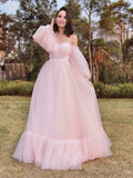 Dreamy Blush Tulle A-line Off Shoulder Puff Sleeve Open Back Prom Dress