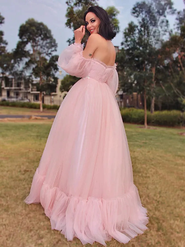 Dreamy Blush Tulle A-line Off Shoulder Puff Sleeve Open Back Prom Dress
