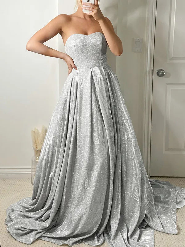 Sparkly Silver Glitter A-line Sweetheart Strapless Lace-up Back Prom Dress