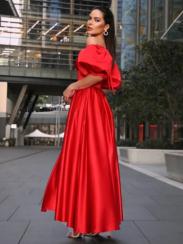Vibrant Red Satin A-Line Off Shoulder Puff Tie Back High Slit Prom Dress