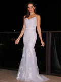 Elegant Light Grey Lace Tulle Mermaid V-neck Spaghetti Strap V-back Prom Dress