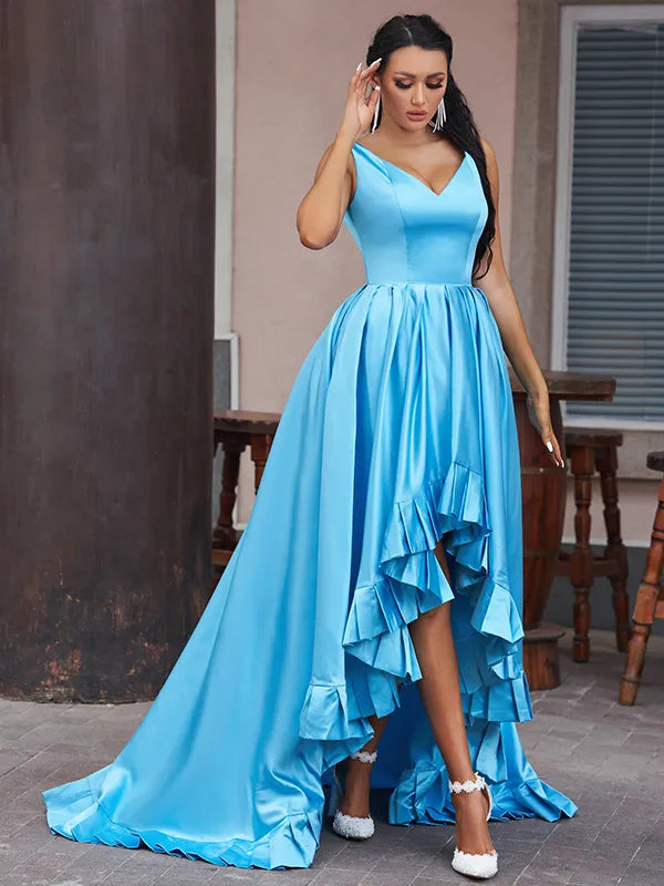 Stunning Sky Blue Satin A-Line V-Neck Sleeveless Low Back High Slit Prom Gown