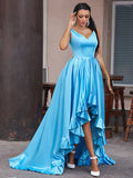 Stunning Sky Blue Satin A-Line V-Neck Sleeveless Low Back High Slit Prom Gown