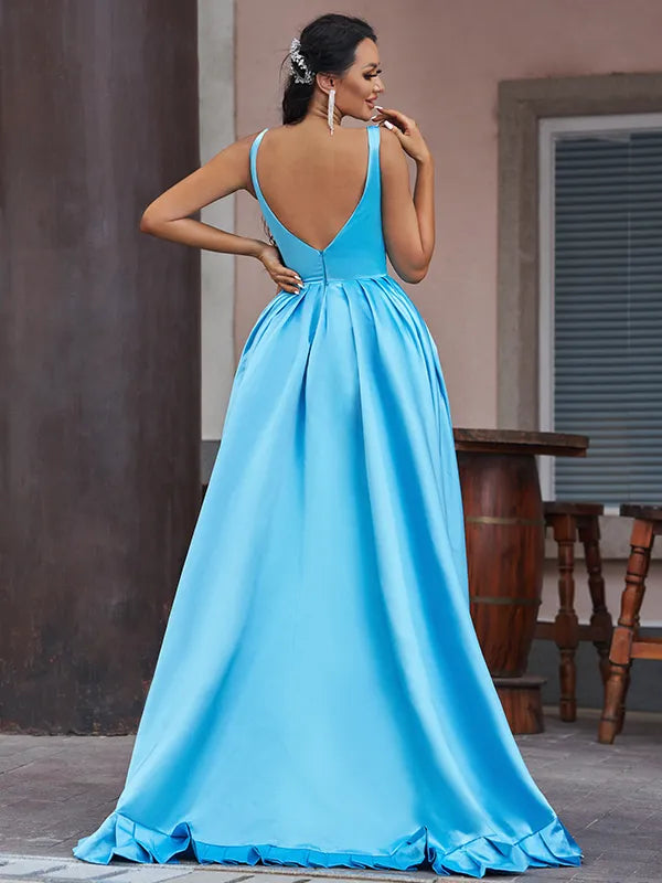 Stunning Sky Blue Satin A-Line V-Neck Sleeveless Low Back High Slit Prom Gown