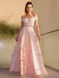Romantic Pink Lace Tulle A Line Off Shoulder 3D Flower Two Piece Prom Dress