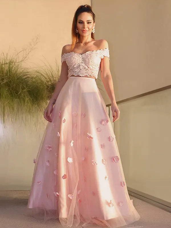 Romantic Pink Lace Tulle A Line Off Shoulder 3D Flower Two Piece Prom Dress