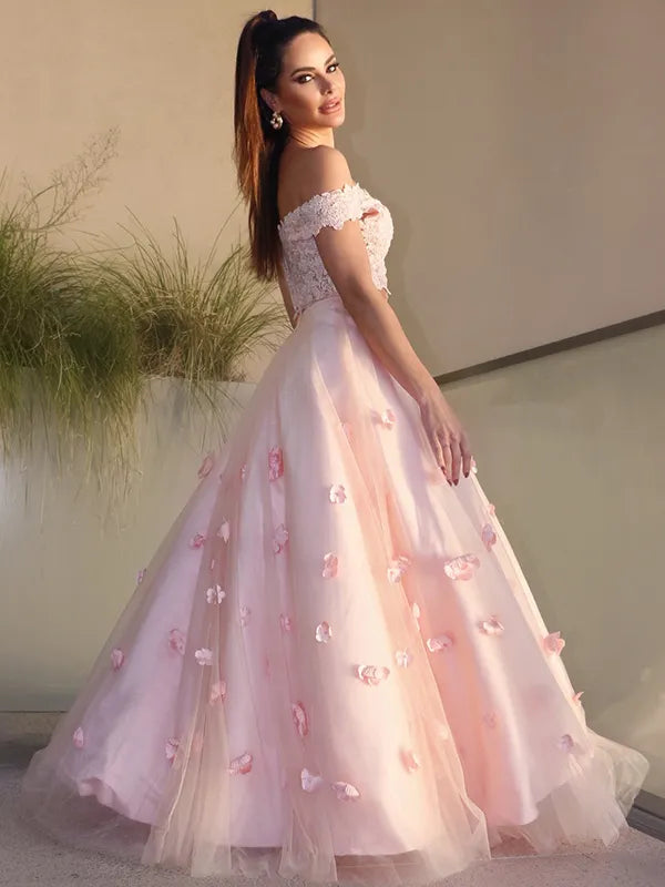 Romantic Pink Lace Tulle A Line Off Shoulder 3D Flower Two Piece Prom Dress