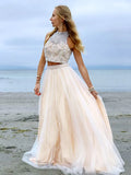 Champagne Beaded Tulle A Line Halter Two Piece Open Back Prom Dress