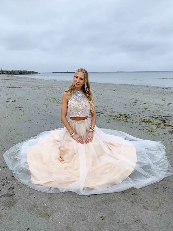 Champagne Beaded Tulle A Line Halter Two Piece Open Back Prom Dress