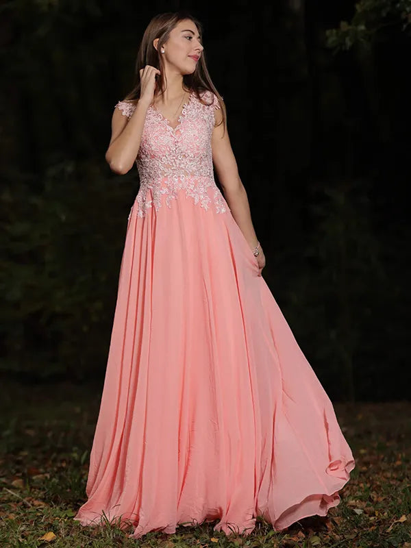 Elegant Peach Chiffon A Line V Neck Cap Sleeve Sheer Lace Back Prom Dress