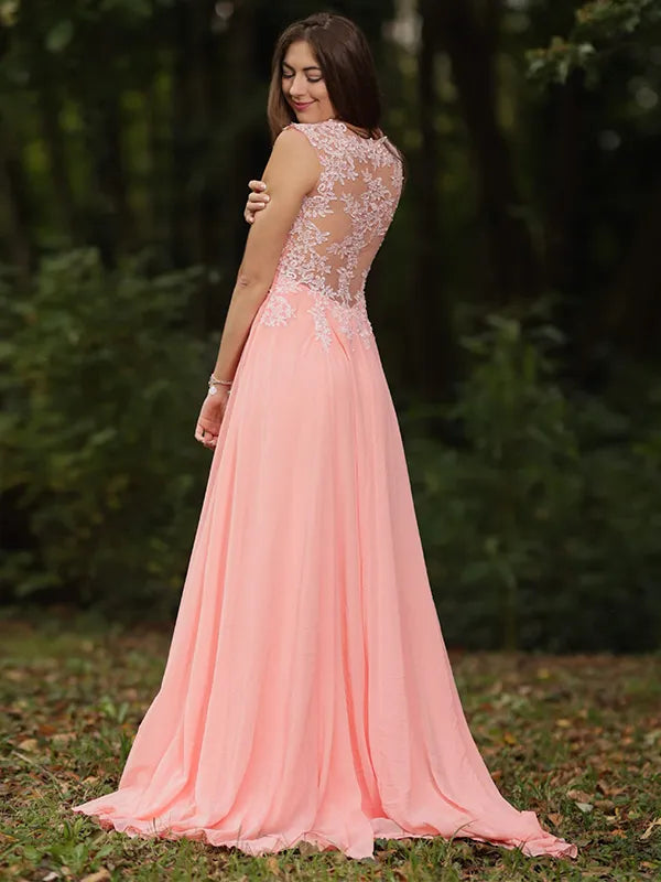 Elegant Peach Chiffon A Line V Neck Cap Sleeve Sheer Lace Back Prom Dress