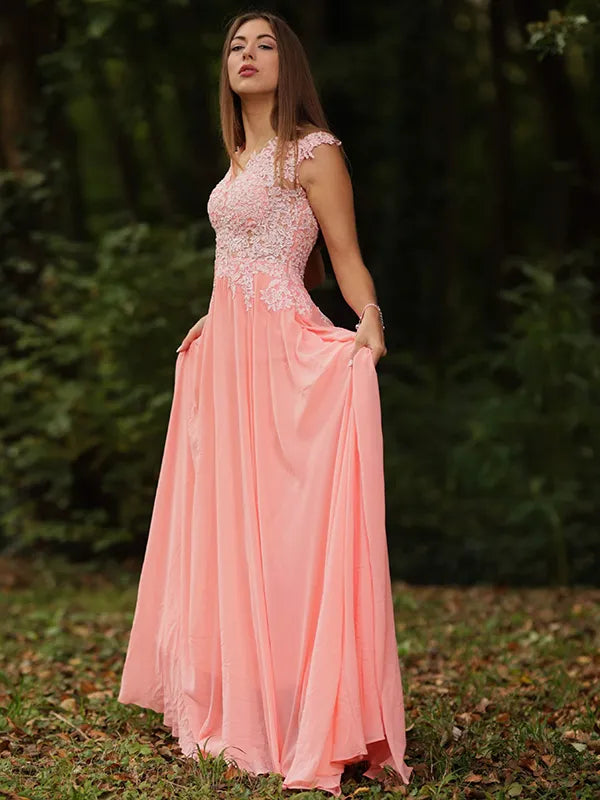 Elegant Peach Chiffon A Line V Neck Cap Sleeve Sheer Lace Back Prom Dress