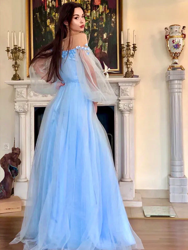 Dreamy Light Blue Tulle A Line Off Shoulder Puff Sleeve Floral Open Back Slit Prom Dress