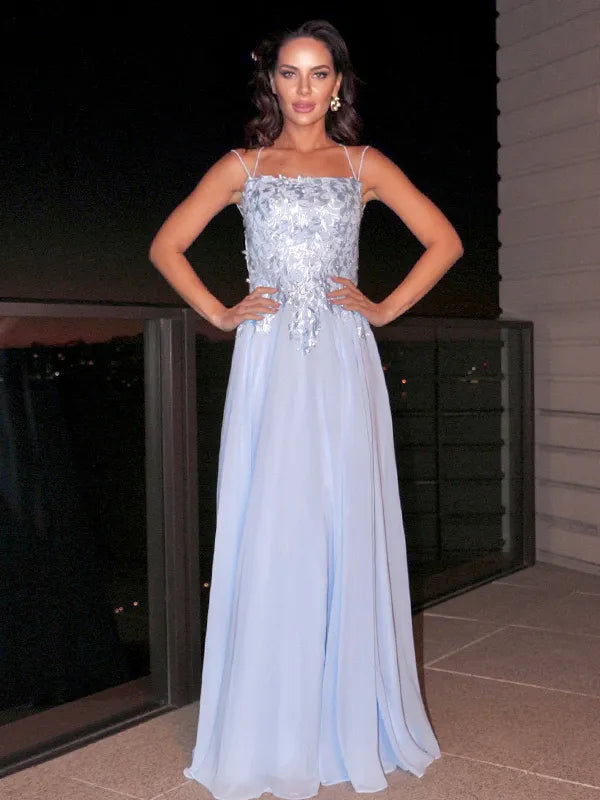 Elegant Light Blue Chiffon A Line Square Neck Spaghetti Strap Lace Tie Back Prom Dress