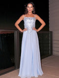 Elegant Light Blue Chiffon A Line Square Neck Spaghetti Strap Lace Tie Back Prom Dress