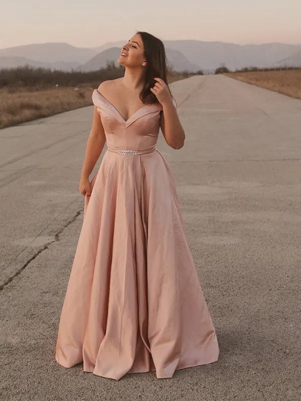 Romantic Dusty Pink Satin A Line Off Shoulder Short Sleeve Zipper Back Beaded Prom Dress