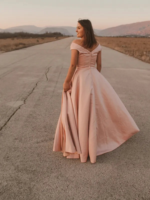 Romantic Dusty Pink Satin A Line Off Shoulder Short Sleeve Zipper Back Beaded Prom Dress