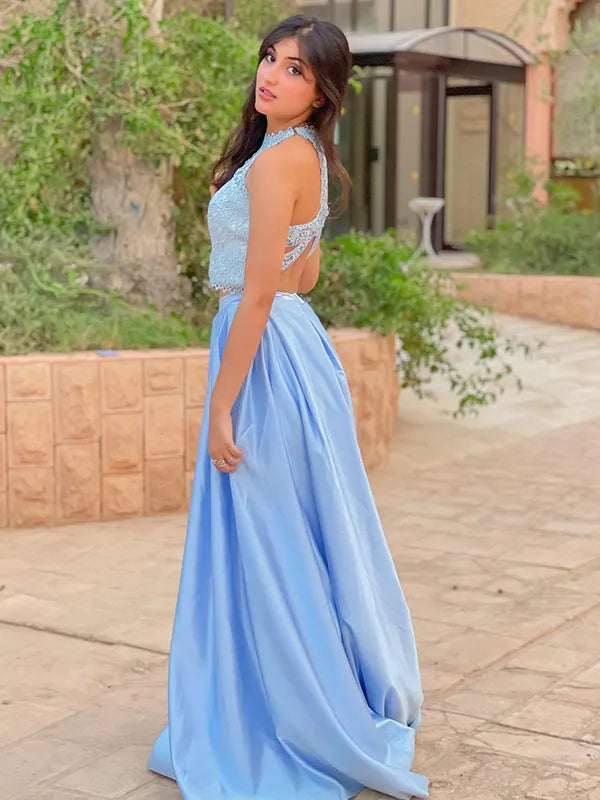 Elegant Light Blue Two Piece Lace Satin A Line Halter Sleeveless Open Back Long Prom Dress