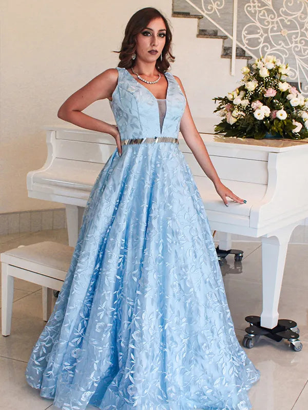 Graceful Light Blue Floral Tulle A Line V Neck Sleeveless Deep Back Long Prom Dress