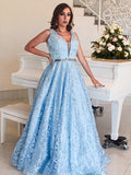 Graceful Light Blue Floral Tulle A Line V Neck Sleeveless Deep Back Long Prom Dress