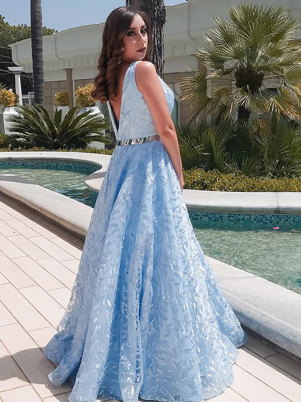 Graceful Light Blue Floral Tulle A Line V Neck Sleeveless Deep Back Long Prom Dress