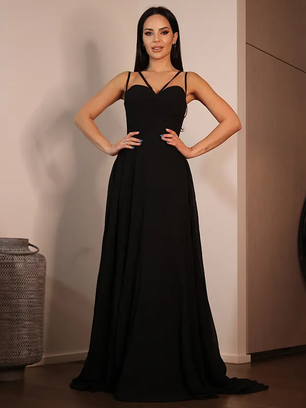 Chic Black Chiffon A Line Sweetheart Spaghetti Strap Crisscross Back Long Prom Dress