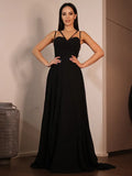 Chic Black Chiffon A Line Sweetheart Spaghetti Strap Crisscross Back Long Prom Dress