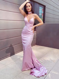 Chic Pink Satin Mermaid V Neck Spaghetti Strap Crisscross Back Train Prom Dress