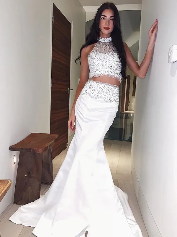 Elegant White Satin Two Piece Mermaid High Neck Sleeveless Beaded Open Back Train Prom Dress