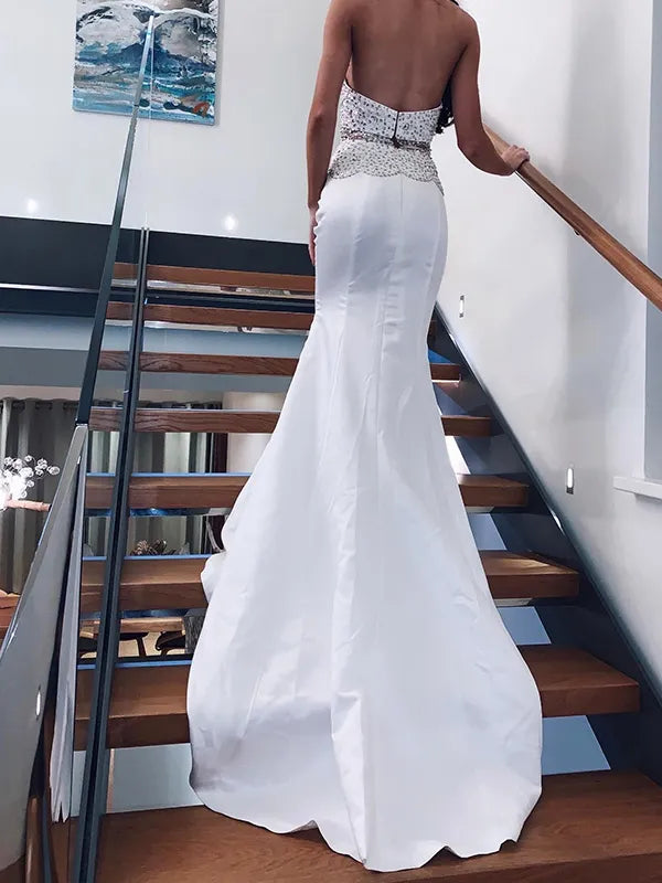 Elegant White Satin Two Piece Mermaid High Neck Sleeveless Beaded Open Back Train Prom Dress