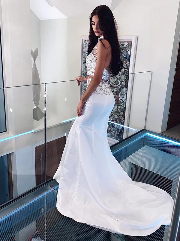Elegant White Satin Two Piece Mermaid High Neck Sleeveless Beaded Open Back Train Prom Dress
