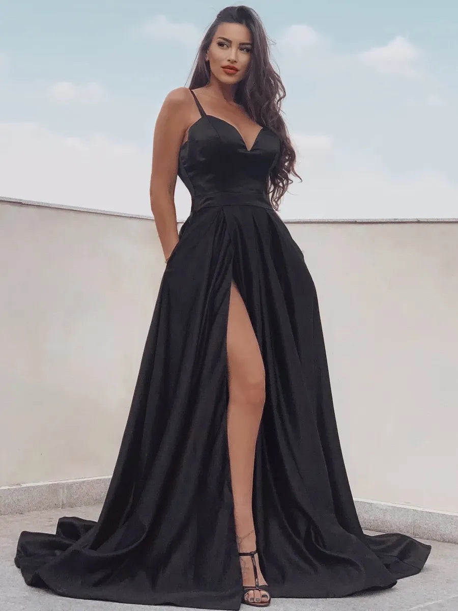 Classic Black Satin A-Line V Neck Spaghetti Strap Open Back Slit Train Prom Dress