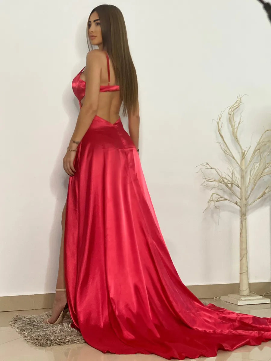 Stunning Red Satin A-Line V-Neck Spaghetti Strap Cutout Open Back Train Prom Dress