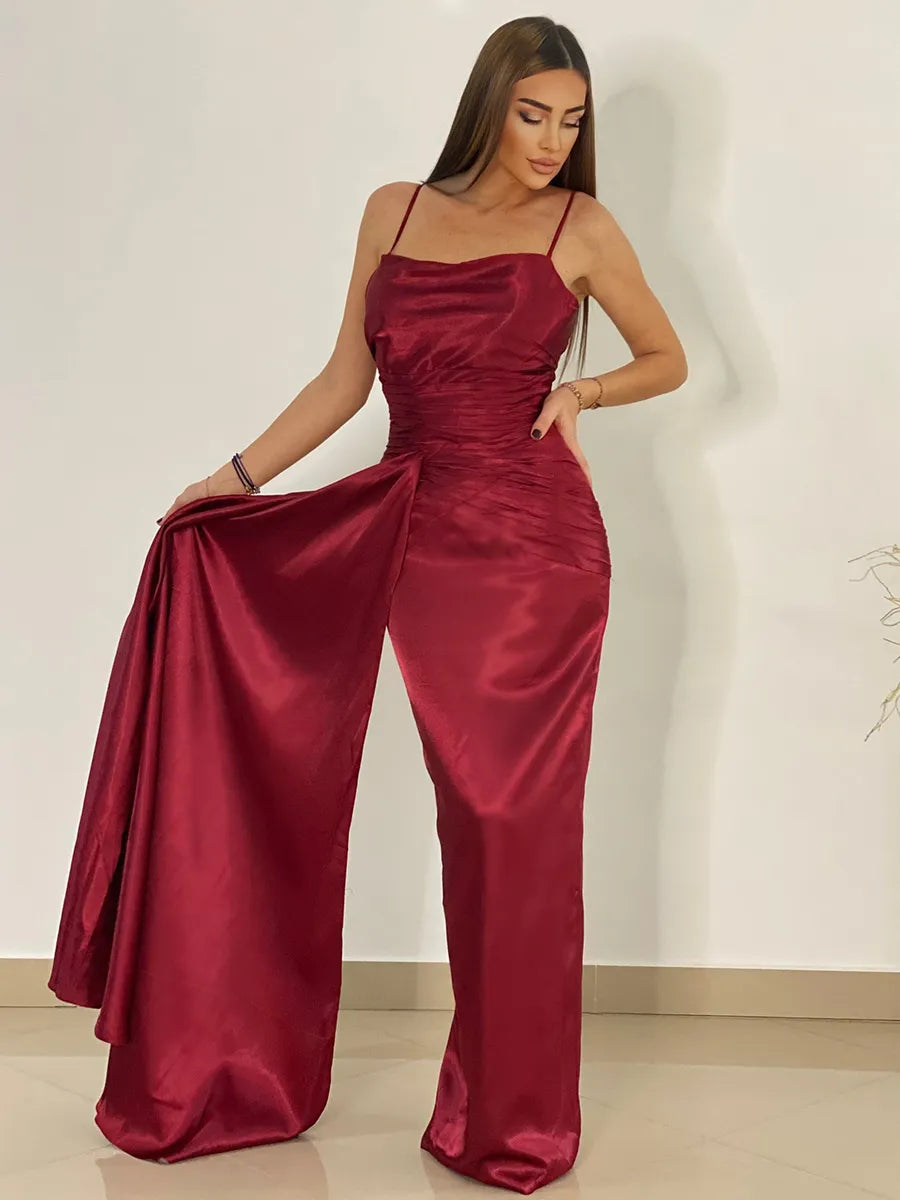 Luxurious Burgundy Satin Mermaid Square Spaghetti Strap Open Back Train Prom Dress
